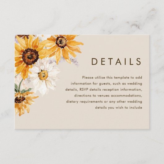 Boheemse zonnebloem bruiloft details informatiekaartje (Voorkant)