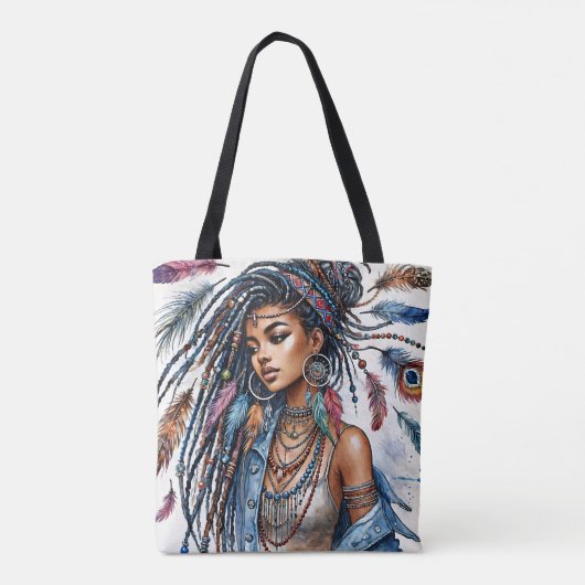 Boheemse zwarte vrouw Waterverf Boho Art Tote Bag (Achterkant)