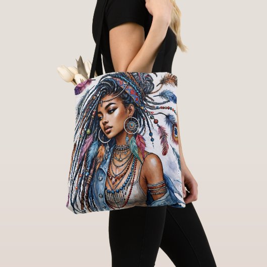 Boheemse zwarte vrouw Waterverf Boho Art Tote Bag (Dichtbij)