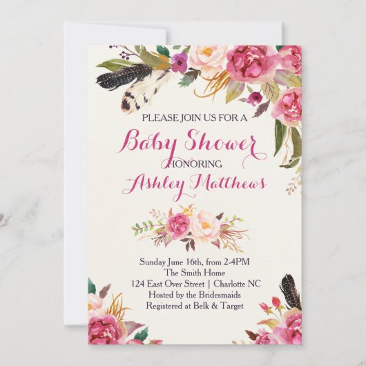 bohemain Floral Baby shower Invitation Kaart (Voorkant)