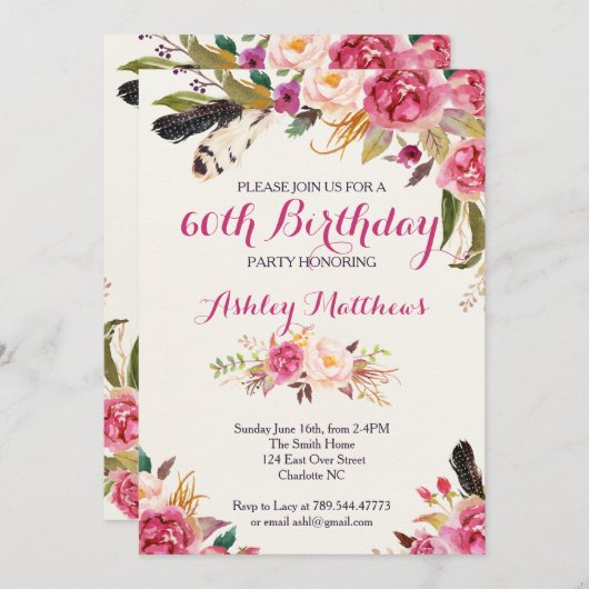 Bohemain Floral Birthday Invitation Kaart (Voorkant / Achterkant)