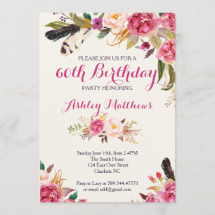 Bohemain Floral Birthday Invitation Kaart