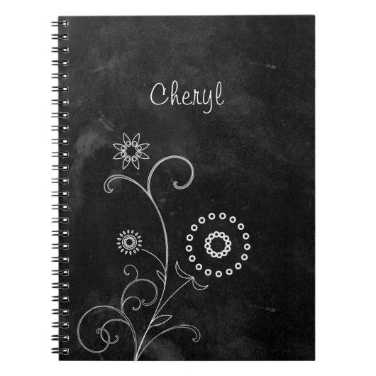 Bohemen Blackboard Cute White Flowers met naam Notitieboek (Voorkant)