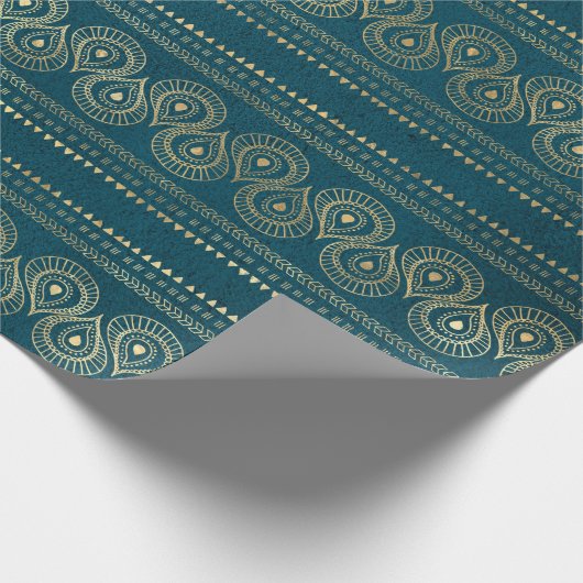 Bohemen Blauwgroen en Gold Foil Peacock Pattern Cadeaupapier (Hoek)