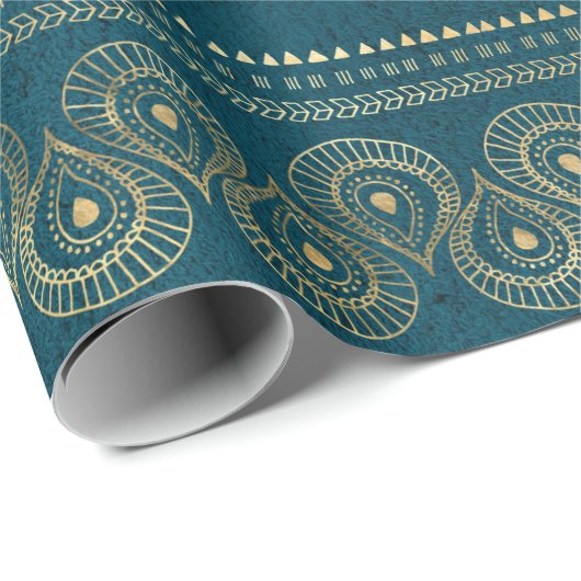 Bohemen Blauwgroen en Gold Foil Peacock Pattern Cadeaupapier (Rol Hoek)