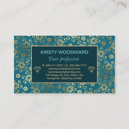 Bohemen Blauwgroen en Gold Foil Peacock Pattern Visitekaartje (Achterkant)