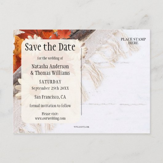 Bohemen Chic Herfst Save the Date Briefkaart (Achterkant)