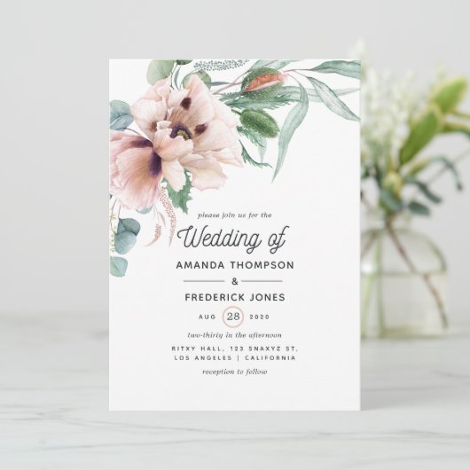 Bohemen Eucalyptus Pink Poppy Weddenschap Kaart (Staand voorkant)