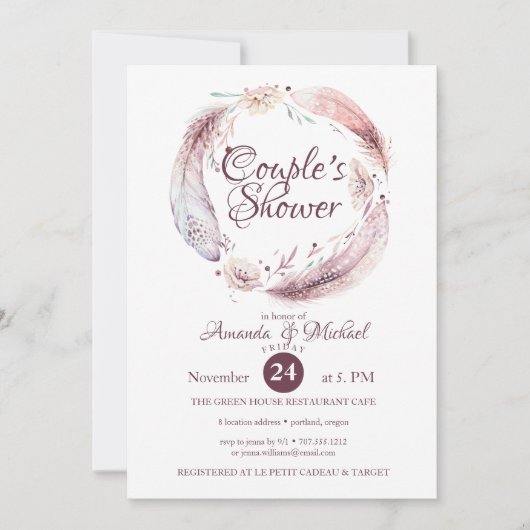 Bohemen Feathers Flowers Wreator Couple Shower Kaart (Voorkant)