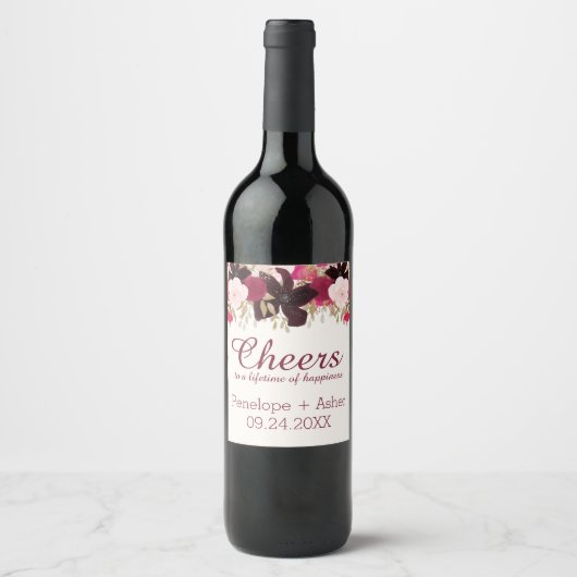 Bohemen Floral "Cheers" Wedding Wine Labels Wijn Etiket (Voorkant)