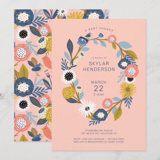 Bohemen Floral Wreath Baby Bird Shower Kaart (Voorkant / Achterkant)