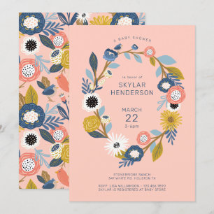 Bohemen Floral Wreath Baby Bird Shower Kaart