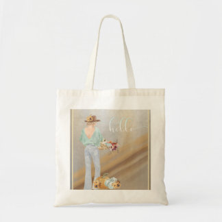 Bohemen meisje met herfst pompoenen en bloemen tote bag