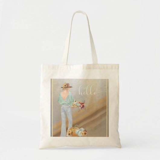Bohemen meisje met herfst pompoenen en bloemen tote bag (Voorkant)