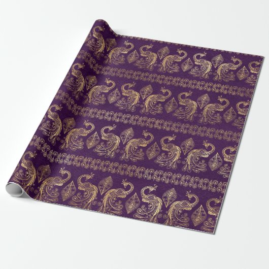 Bohemen Paars en Gold Foil Peacock Pattern Cadeaupapier (Uitgerold)