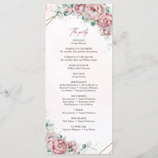 Bohemen rozen peonies eucalyptus gold programmakaart (Achterkant)