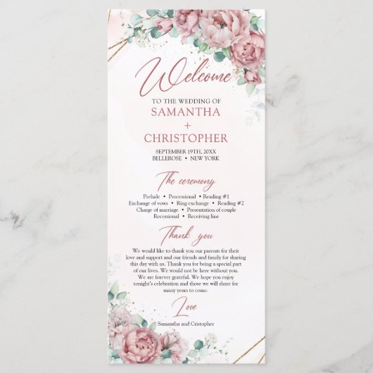 Bohemen  rozen peonies eucalyptus gold programmakaart (Voorkant)