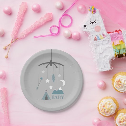 Bohemen Wieg Mobile Modern Baby shower Blue Papieren Bordje (Feest)