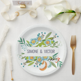 Bohemiaans botanisch groen en blauw Floral Papieren Bordje
