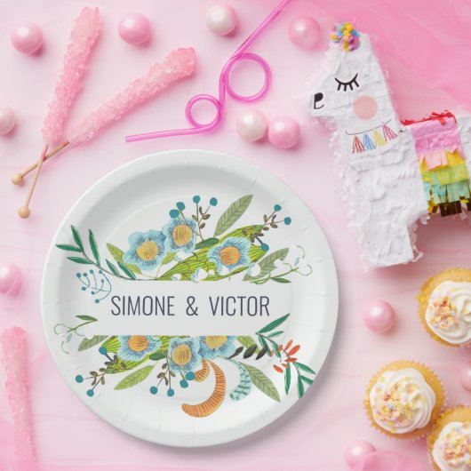 Bohemiaans botanisch groen en blauw Floral Papieren Bordje (Feest)