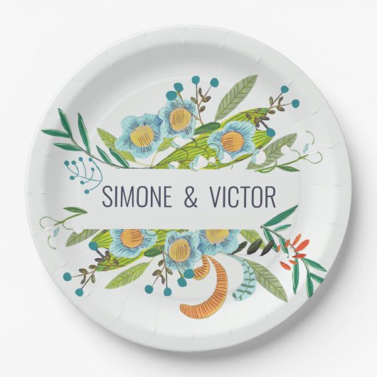 Bohemiaans botanisch groen en blauw Floral Papieren Bordje (Voorkant)
