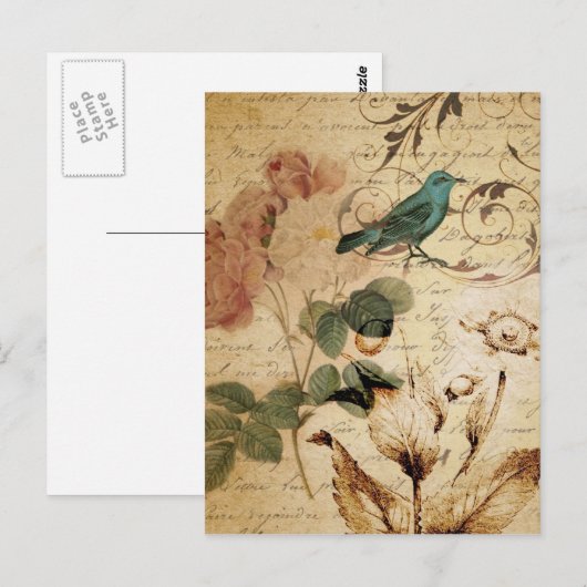 Bohemiaanse chic Paris Scripts vogel Frans botanis Briefkaart (Voorkant / Achterkant)
