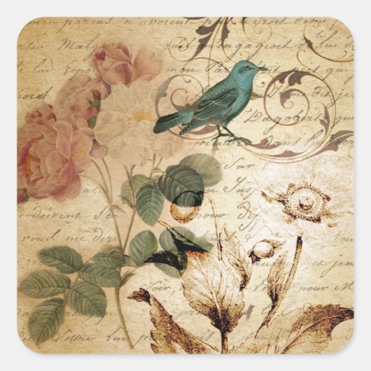 Bohemiaanse chic Paris Scripts vogel Frans botanis Vierkante Sticker (Voorkant)