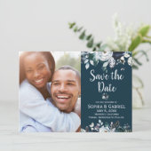 Bohemiaanse marine White Floral Wedding Save the D Date (Staand voorkant)