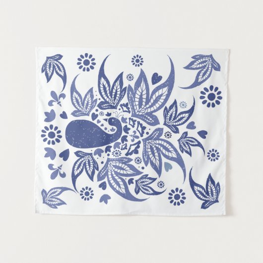 Bohemiaanse stijl Blauw en Wit Peacock Wandkleed (Voorkant (horizontaal))