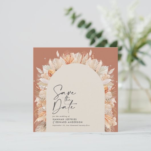 Bohemiaanse terracotta pampas gras styrelse trendy save the date (Staand voorkant)