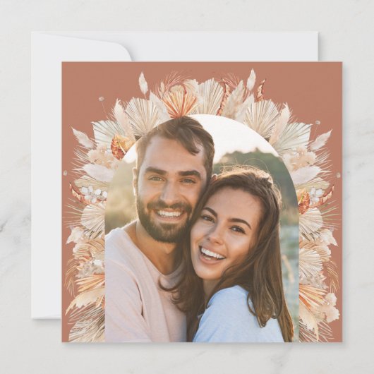 Bohemiaanse terracotta pampas gras styrelse trendy save the date (Achterkant)