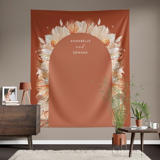 Bohemiaanse terracotta pampas, stijlvolle bruiloft wandkleed