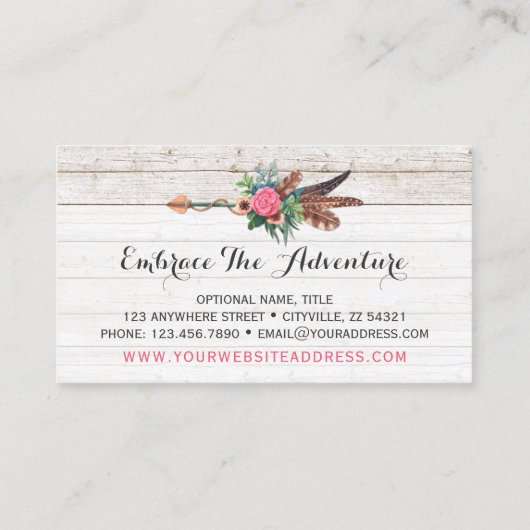 Bohemiaanse ventiel Arrow en Roos op Rustic White Visitekaartje (Achterkant)