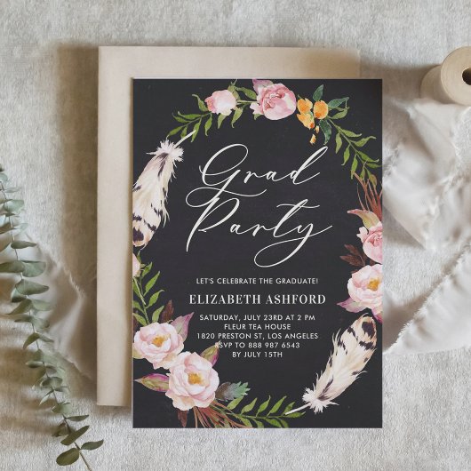 Bohemiaanse veren en Floral Wreath Graduation Part Kaart