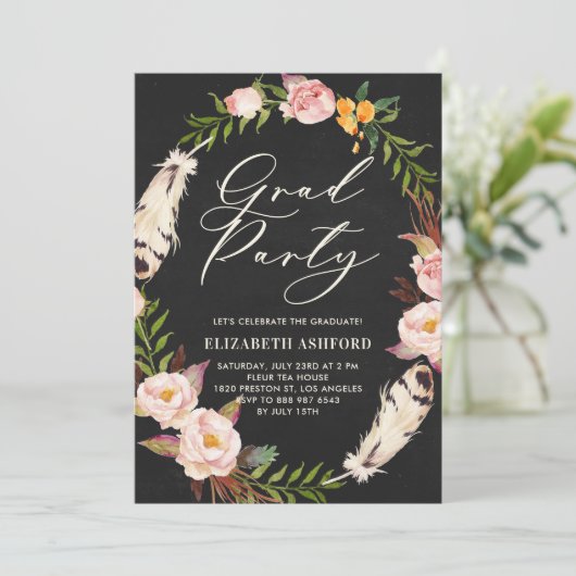 Bohemiaanse veren en Floral Wreath Graduation Part Kaart (Staand voorkant)