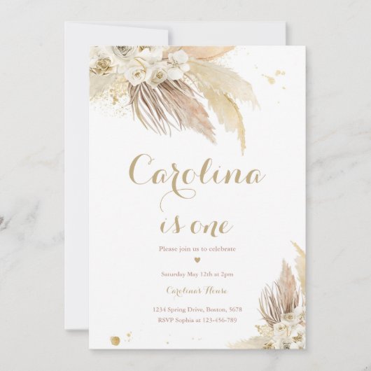 Bohemian 1st Birthday Party Boho Pampas Grass Inv Kaart (Voorkant)