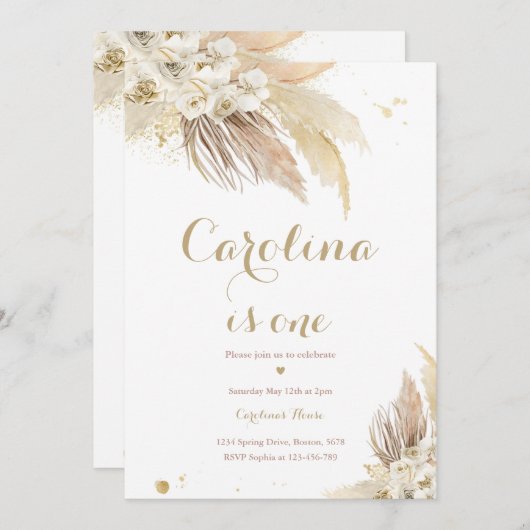 Bohemian 1st Birthday Party Boho Pampas Grass Inv Kaart (Voorkant / Achterkant)