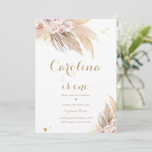 Bohemian 1st Birthday Party Boho Pampas Grass Kaart (Staand voorkant)