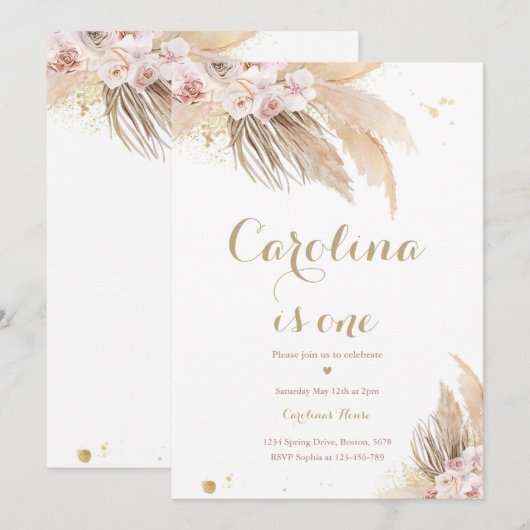 Bohemian 1st Birthday Party Boho Pampas Grass Kaart (Voorkant / Achterkant)