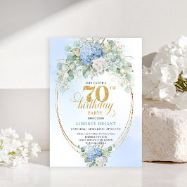 Bohemian 70th Birthday Blue Floral Gold Invitation Kaart