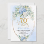 Bohemian 70th Birthday Blue Floral Gold Invitation Kaart (Voorkant)