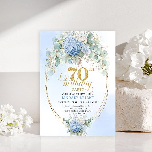Bohemian 70th Birthday Blue Hydrangeas Gold Invite Kaart