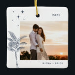 Bohemian Beach Palm Tree Keramisch Ornament<br><div class="desc">Bohemen strandpalmboom en sterren,  vakantiefoto-ornament in roestvrij stoffig blauw.</div>