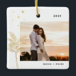 Bohemian Beach Palm Tree Ornament<br><div class="desc">Bohemen strandpalmboom en sterren,  vakantiefoto-ornament in namaakgouden folie en zwart.</div>