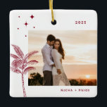 Bohemian Beach Palm Tree Ornament<br><div class="desc">Bohemen strandpalmboom en sterren,  vakantiefoto-ornament in feestrood.</div>