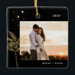 Bohemian Beach Palm Tree Ornament<br><div class="desc">Bohemen strandpalmboom en sterren,  vakantiefoto-ornament in namaakgouden folie en zwart.</div>