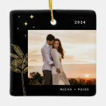 Bohemian Beach Palm Tree Ornament<br><div class="desc">Bohemen strandpalmboom en sterren,  vakantiefoto-ornament in namaakgouden folie en zwart.</div>