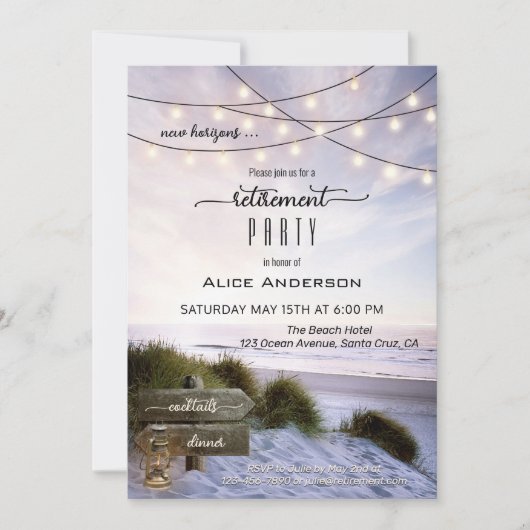 Bohemian Beach String Lights Retirement Party Invi Kaart (Voorkant)