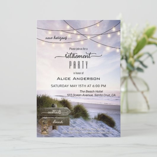 Bohemian Beach String Lights Retirement Party Invi Kaart (Staand voorkant)