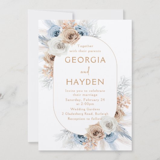 Bohemian Beige & Blauw Bloemen Lijst Bruiloft Kaart (Voorkant)